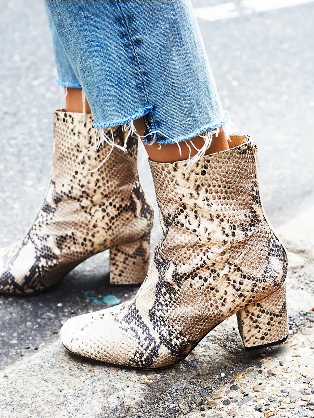 Free People Cecilia Leather Snakeskin Ankle Boots 7.5 Block Heel Animal Print